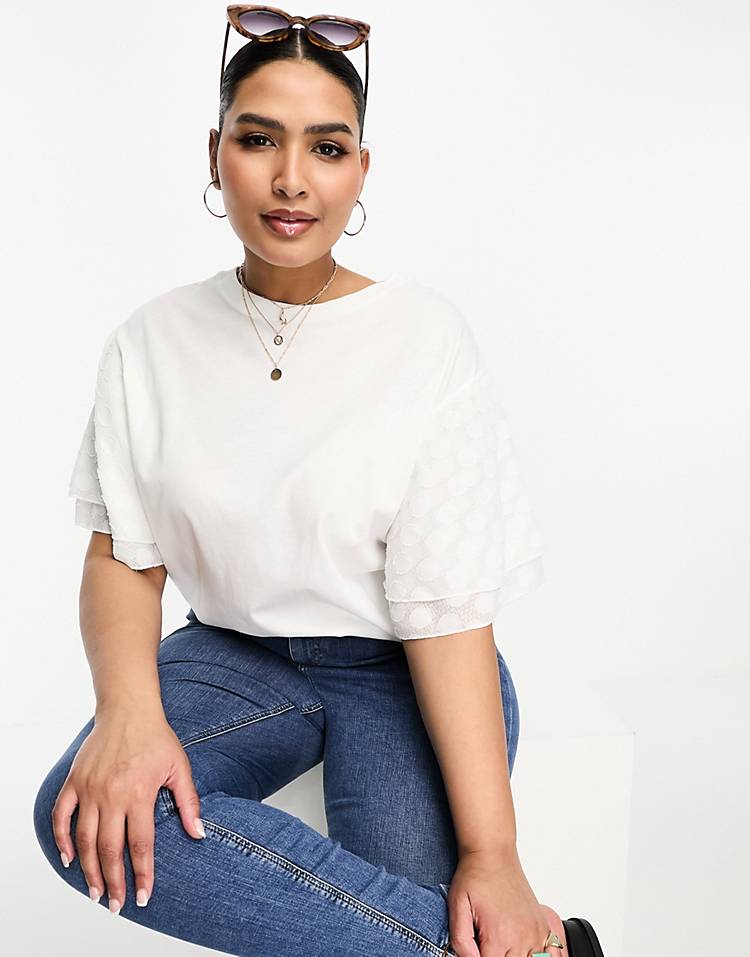 River Island Plus textured sleeve top in white